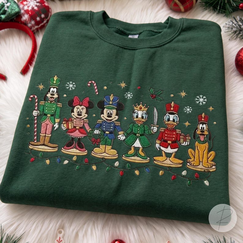Disney Christmas Characters Embroidered Sweatshirt, Mickey Minnie Donald Goofy Pluto Nutcracker Crewneck, Festive Holiday Sweater Gift