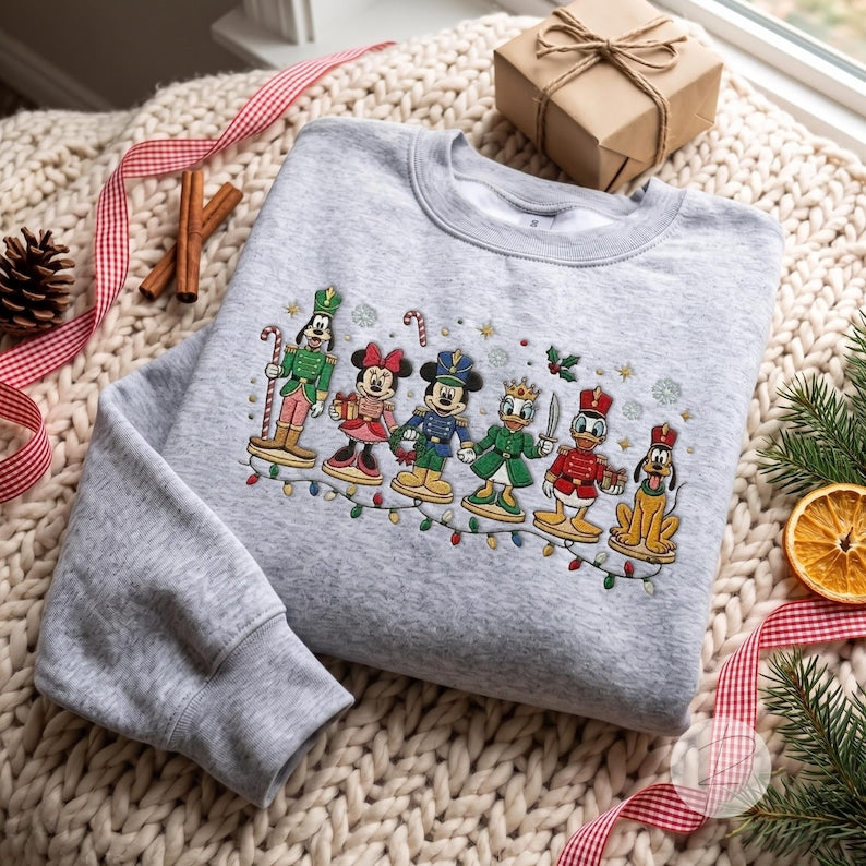 Disney Christmas Characters Embroidered Sweatshirt, Mickey Minnie Donald Goofy Pluto Nutcracker Crewneck, Festive Holiday Sweater Gift