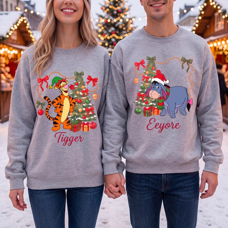 Tigger And Eeyore Christmas Sweatshirts, Winnie The Pooh Matching Holiday Sweater, Disney Christmas Crewneck, Cute Friends Xmas Gift