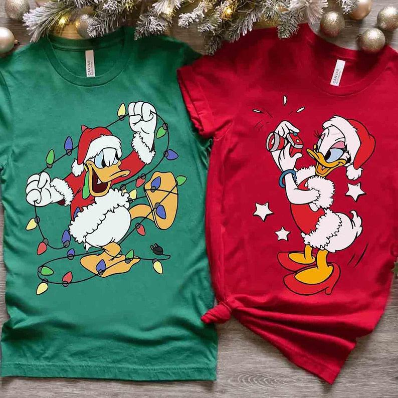 Disney Santa Donald And Daisy Christmas Lights Shirt, Donald Daisy Christmas Couple Tee, WDW Disneyland Christmas Family Trip Matching Shirt