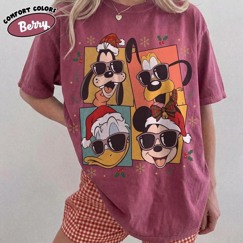 Retro Mickey and Friends Holiday Sweatshirt, Mickey Donald Pluto Goofy Sunglasses Comfort Colors Shirt, Disney  Family Christmas Shirt