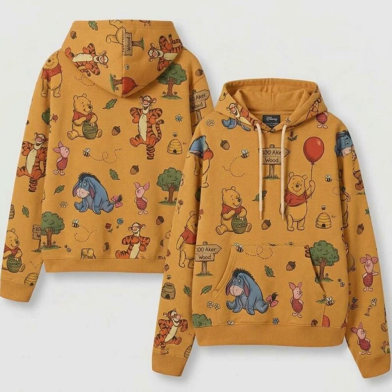 Disney Winnie The Pooh Hoodie, Hundred Acre Wood All Over Print Sweatshirt, Vintage Bear Tigger Eeyore Pullover, Cute Autumn Cartoon Hoodie