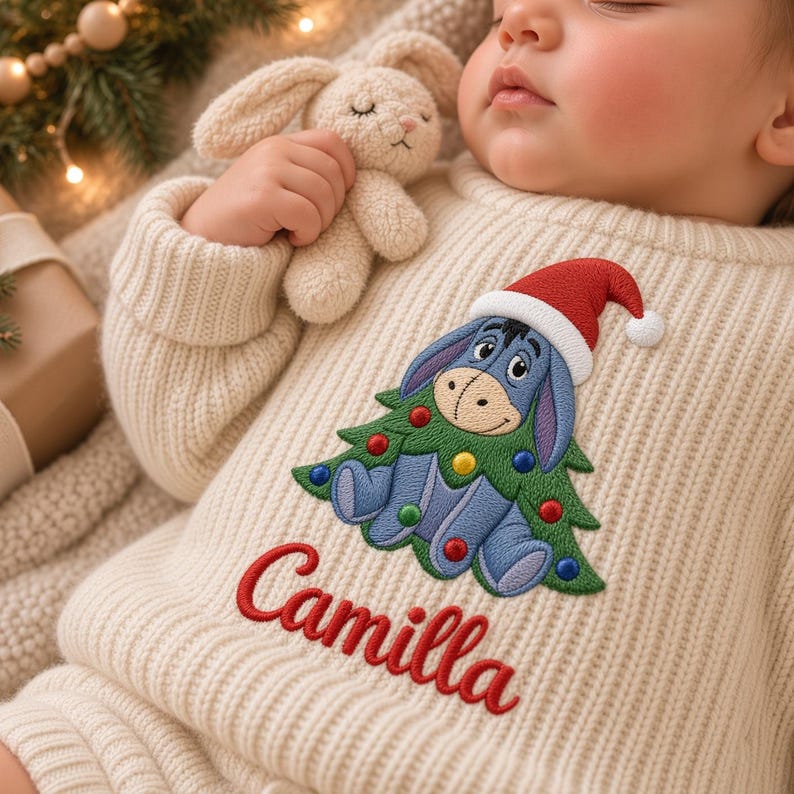 Custom Eeyore Christmas Embroidered Baby Sweater, Disney Winnie the Pooh Character Knit Jumper, Festive Holiday Pullover, Christmas Gift
