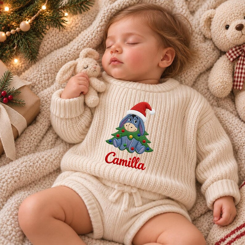 Custom Eeyore Christmas Embroidered Baby Sweater, Disney Winnie the Pooh Character Knit Jumper, Festive Holiday Pullover, Christmas Gift