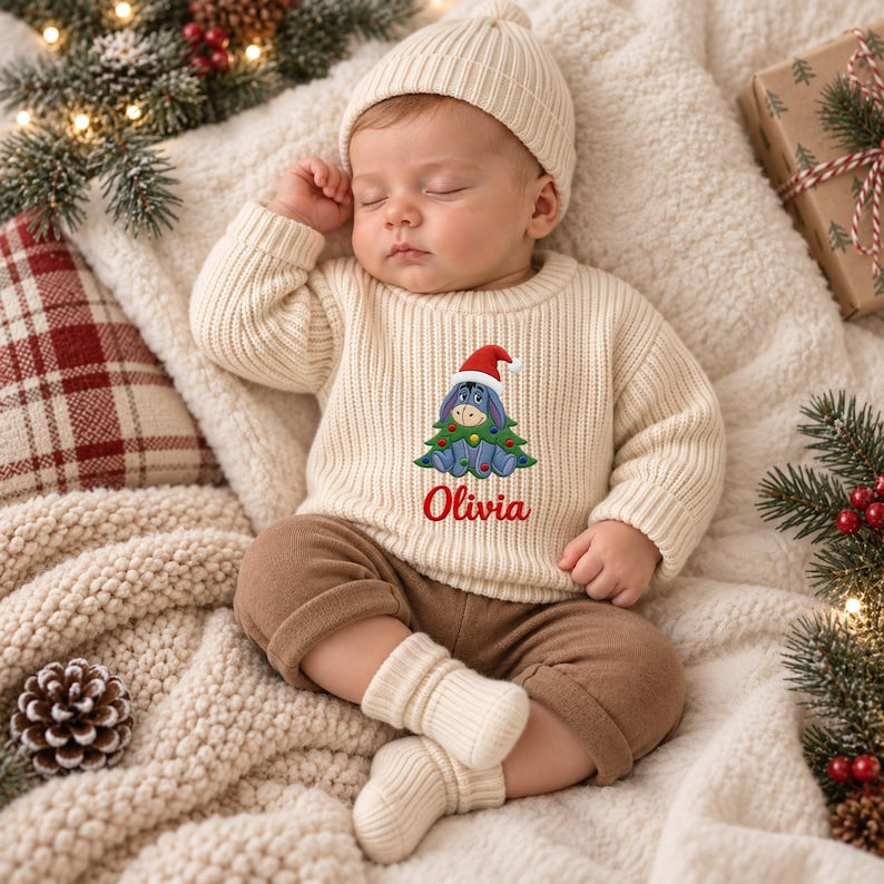 Custom Eeyore Christmas Embroidered Baby Sweater, Disney Winnie the Pooh Character Knit Jumper, Festive Holiday Pullover, Christmas Gift