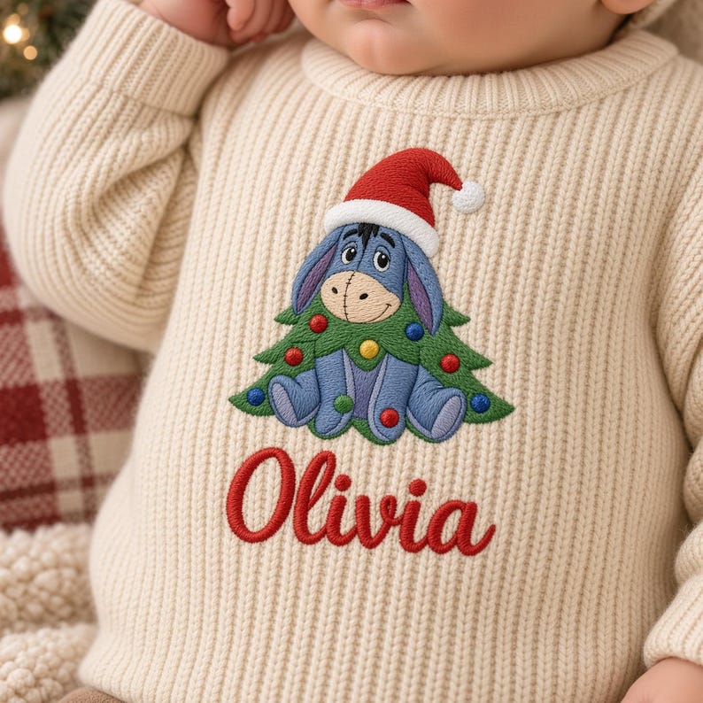 Custom Eeyore Christmas Embroidered Baby Sweater, Disney Winnie the Pooh Character Knit Jumper, Festive Holiday Pullover, Christmas Gift