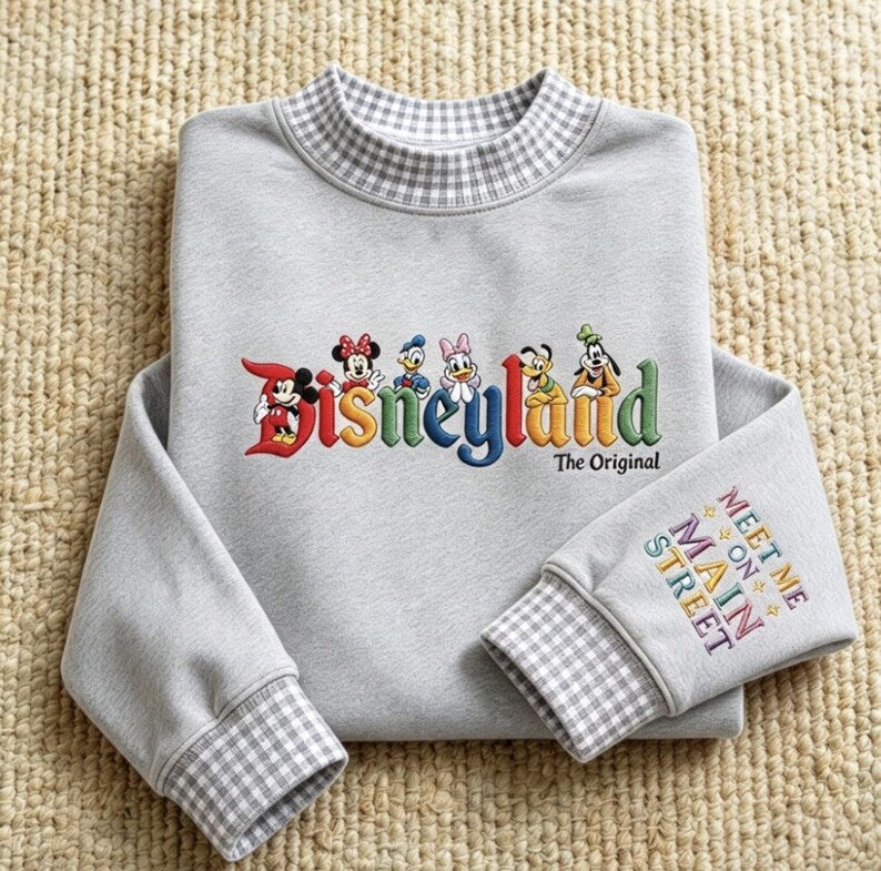 Disneyland Embroidered Gingham Sweatshirt, Mickey Minnie Donald Daisy Duck Goofy Pluto Main Street Disney Crewneck, Disney Friends Outfit