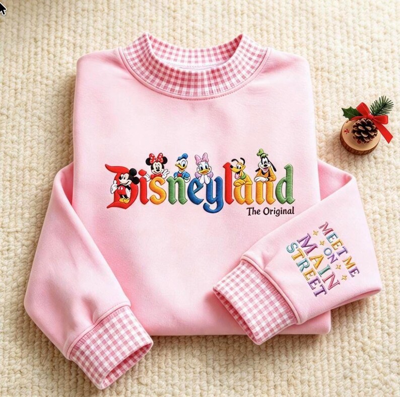 Disneyland Embroidered Gingham Sweatshirt, Mickey Minnie Donald Daisy Duck Goofy Pluto Main Street Disney Crewneck, Disney Friends Outfit