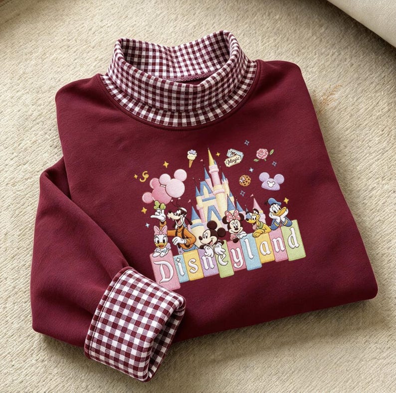 Disneyland Embroidered Gingham Sweatshirt, Mickey Minnie Mouse Castle Crewneck, Donald Daisy Duck Goofy Pluto Shirt, Disney Vacation Gift