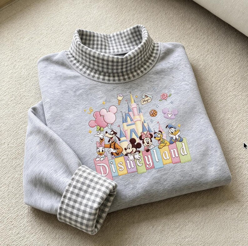 Disneyland Embroidered Gingham Sweatshirt, Mickey Minnie Mouse Castle Crewneck, Donald Daisy Duck Goofy Pluto Shirt, Disney Vacation Gift