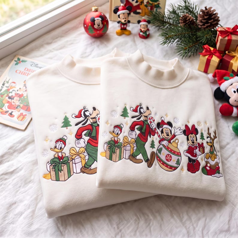 Christmas Character Embroidered Mock Neck Sweatshirt, Festive Holiday Friends Pullover, Cute Christmas Crewneck, Holiday Gift