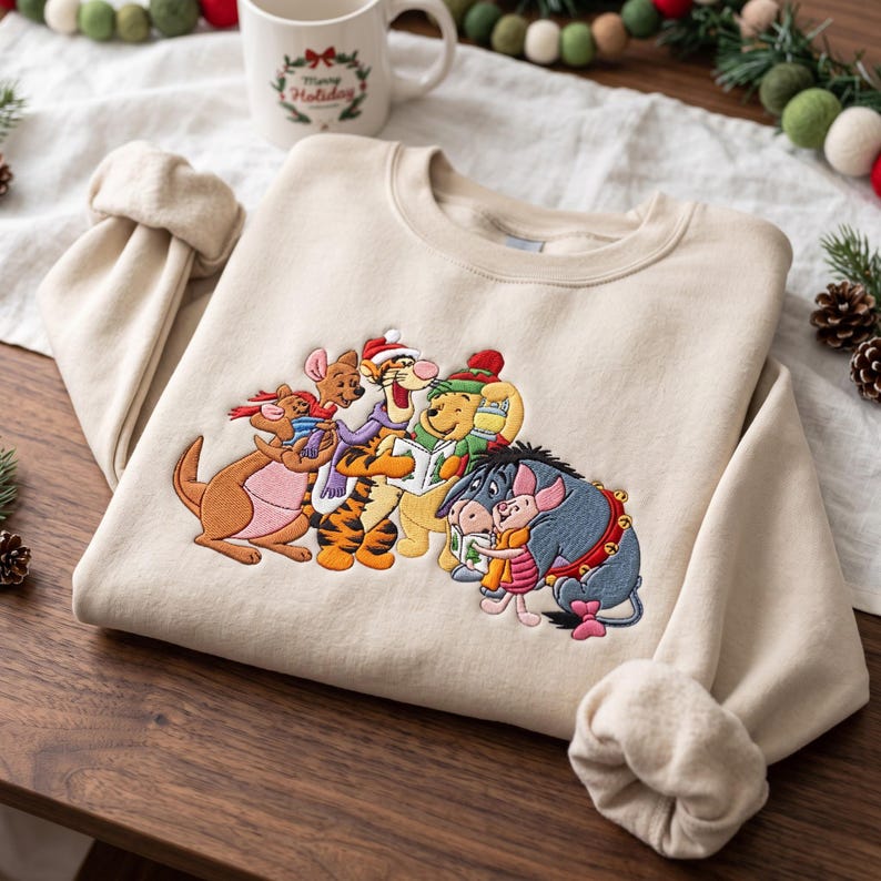 Embroidered Bear And Friends Caroler Sweatshirt, Magical Winter Kingdom Sweater, Holiday Song Crewneck, Bear Fan Gift, Xmas Season Shirt