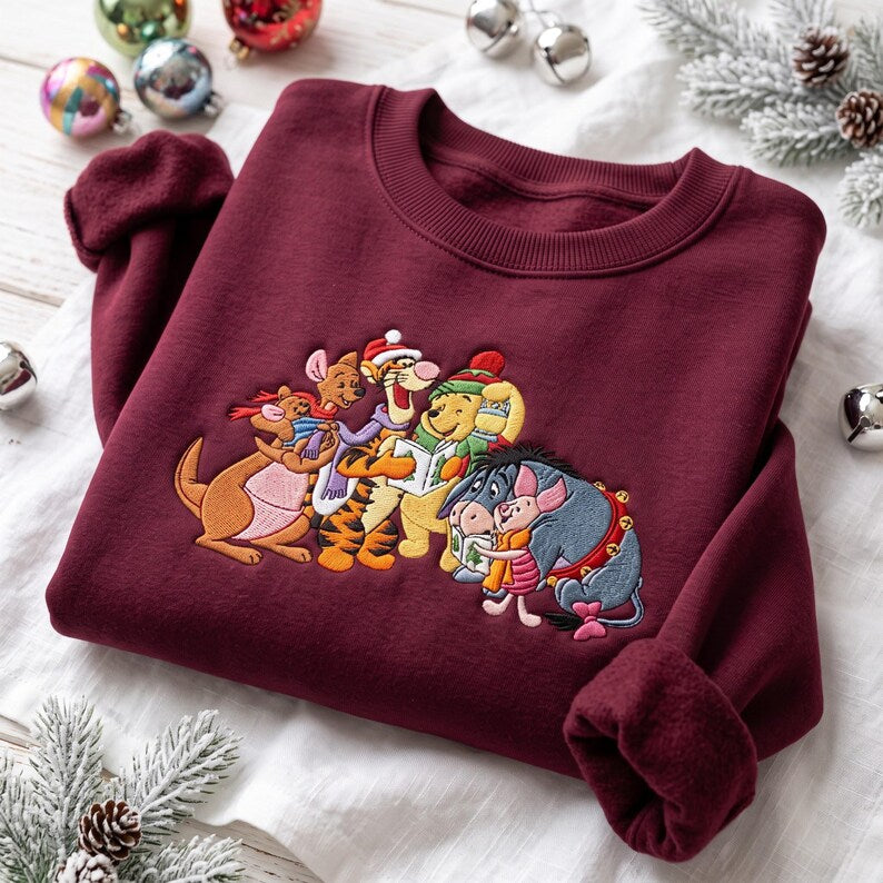 Embroidered Bear And Friends Caroler Sweatshirt, Magical Winter Kingdom Sweater, Holiday Song Crewneck, Bear Fan Gift, Xmas Season Shirt
