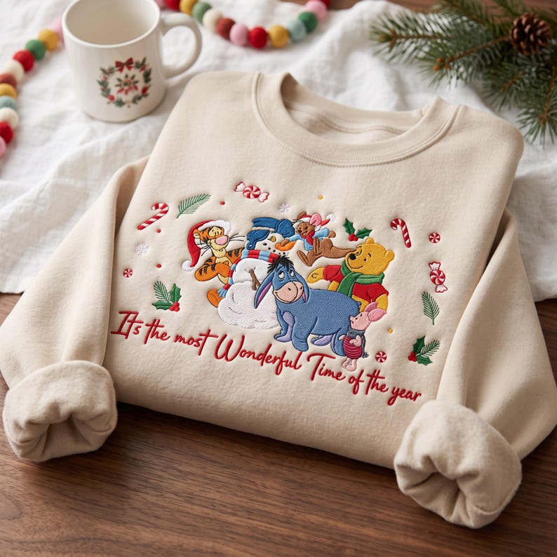 Embroidered Bear And Friends Xmas Sweatshirt, Wonderful Time Holiday Sweater, Snowman Winter Crewneck, Bear Fan Gift, Xmas Season Shirt