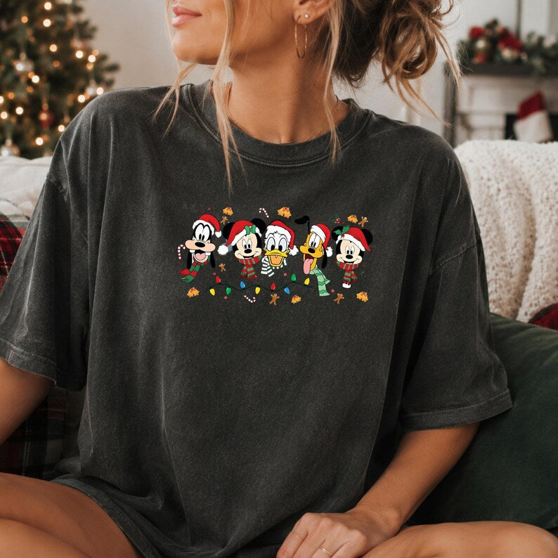 Mickey and Friends Christmas T-Shirt, Sweatshirt or Hoodie, Minnie Donald Goofy Pluto, Santa Hats and Festive Lights, Christmas Gift