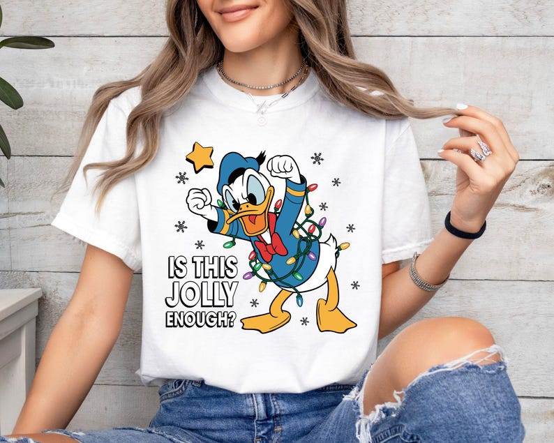 Comfort Colors Donald Duck Christmas Shirt, Is This Jolly Enough Tee, Disneyland Xmas Lights Long Sleeve, Disney Family Holiday Gift