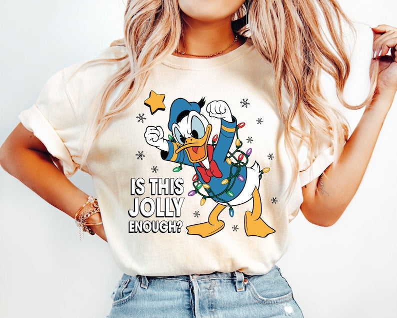 Comfort Colors Donald Duck Christmas Shirt, Is This Jolly Enough Tee, Disneyland Xmas Lights Long Sleeve, Disney Family Holiday Gift