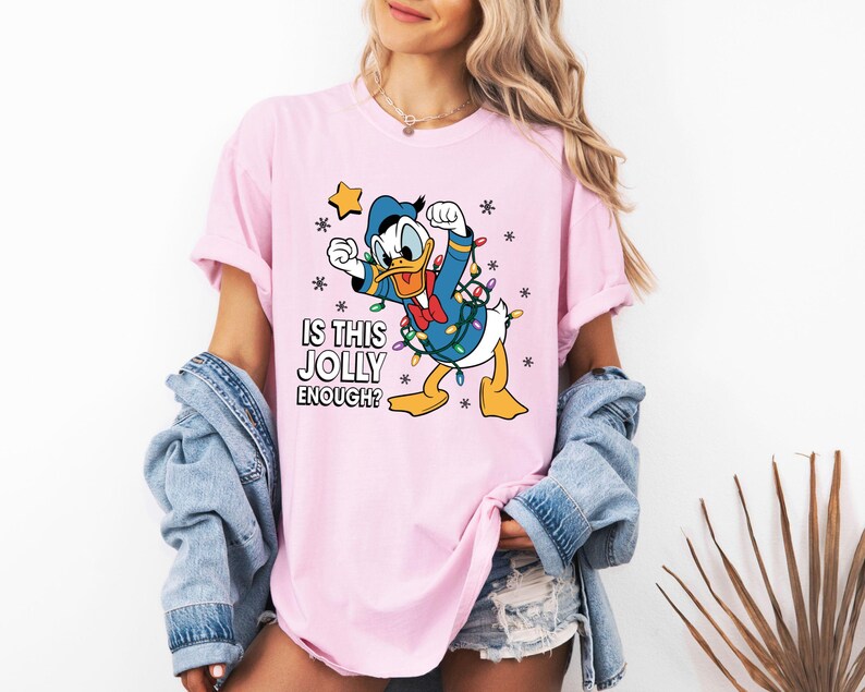 Comfort Colors Donald Duck Christmas Shirt, Is This Jolly Enough Tee, Disneyland Xmas Lights Long Sleeve, Disney Family Holiday Gift