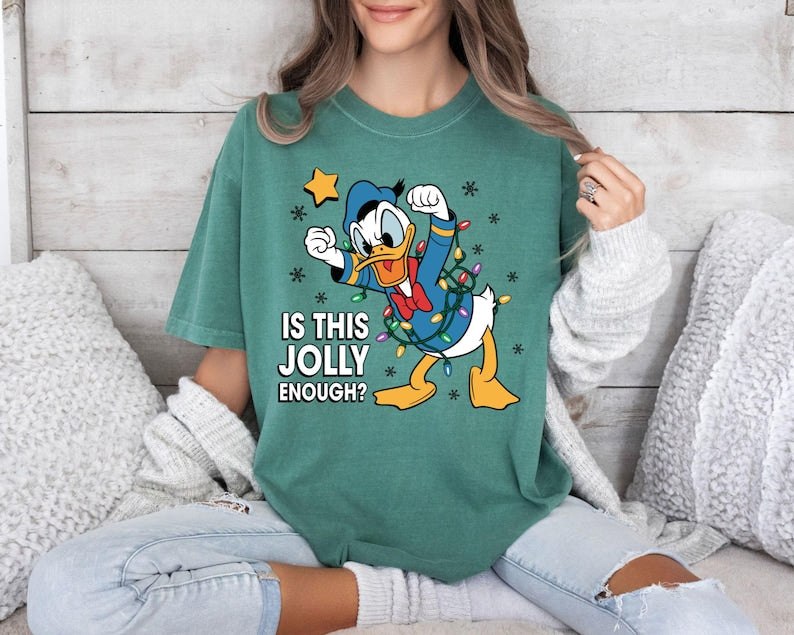 Comfort Colors Donald Duck Christmas Shirt, Is This Jolly Enough Tee, Disneyland Xmas Lights Long Sleeve, Disney Family Holiday Gift