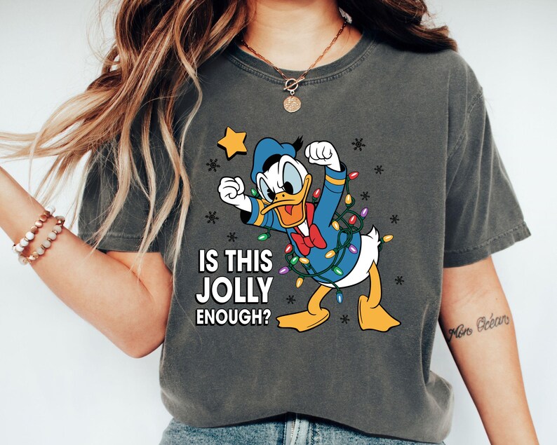 Comfort Colors Donald Duck Christmas Shirt, Is This Jolly Enough Tee, Disneyland Xmas Lights Long Sleeve, Disney Family Holiday Gift
