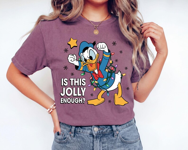 Comfort Colors Donald Duck Christmas Shirt, Is This Jolly Enough Tee, Disneyland Xmas Lights Long Sleeve, Disney Family Holiday Gift