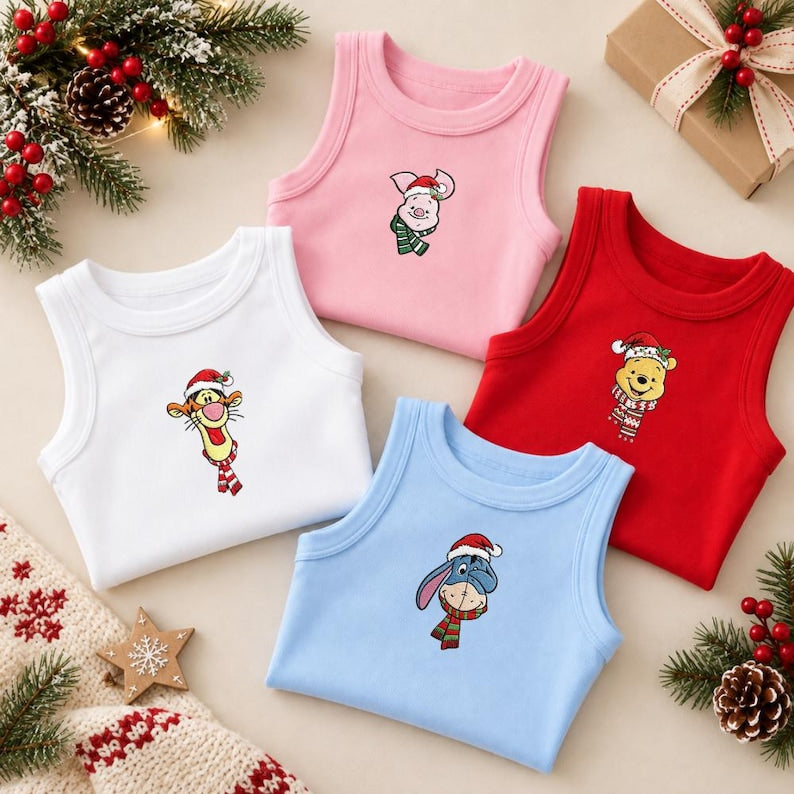 Pooh & Friends Christmas Embroidered Tank Top, Tigger Eeyore Piglet Holiday Shirt, Matching Family Disney Trip Outfit