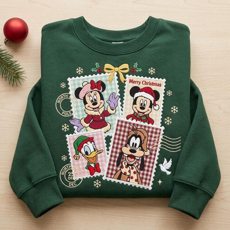 Disney Christmas Postage Stamp Embroidered Sweatshirt, Mickey Minnie Goofy Donald Holiday Crewneck, Vintage Christmas Sweater