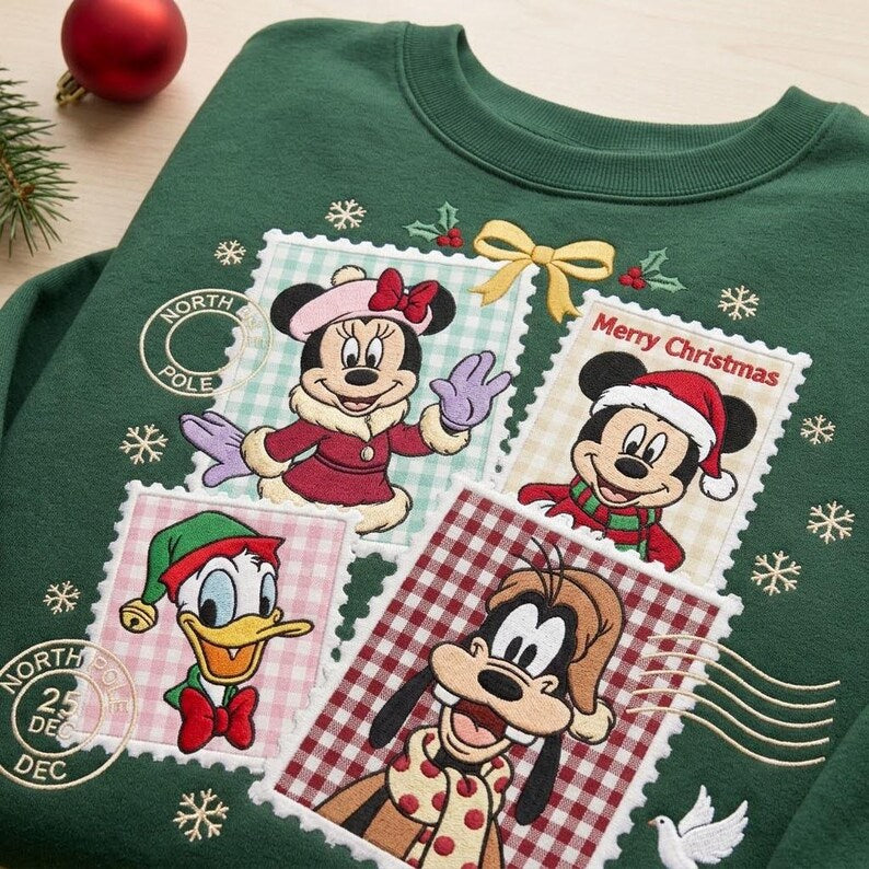 Mickey Minnie Christmas Embroidered Sweatshirt, Disney Holiday Postage Stamp Crewneck, Goofy Donald Duck Christmas Sweater