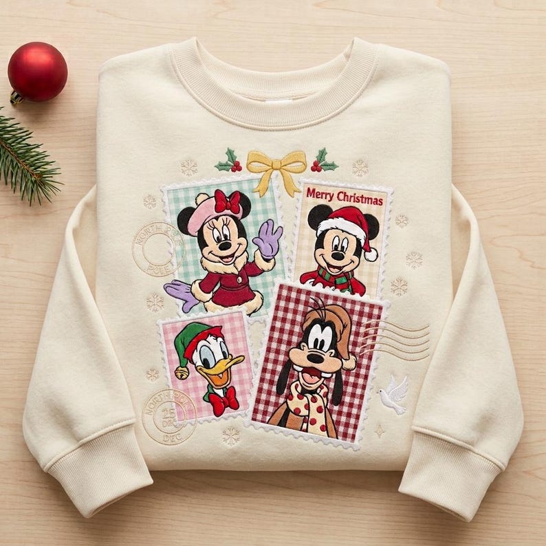 Mickey Minnie Christmas Embroidered Sweatshirt, Disney Holiday Postage Stamp Crewneck, Goofy Donald Duck Christmas Sweater
