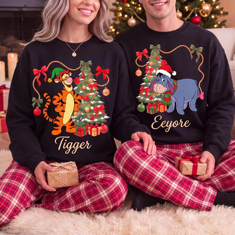 Tigger And Eeyore Christmas Sweatshirts, Winnie The Pooh Matching Holiday Sweater, Disney Christmas Crewneck, Cute Friends Xmas Gift