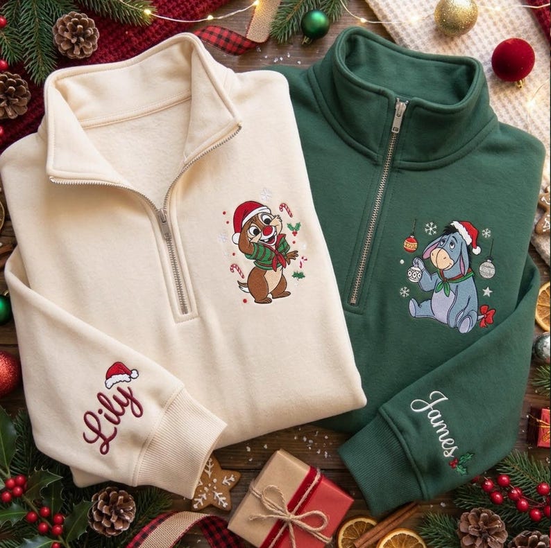 Disney Characters Christmas Embroidered Quarter Zip Sweatshirt, Winnie Pooh Eeyore Mickey Minnie Stitch Chip Dale Holiday Pullover Gift