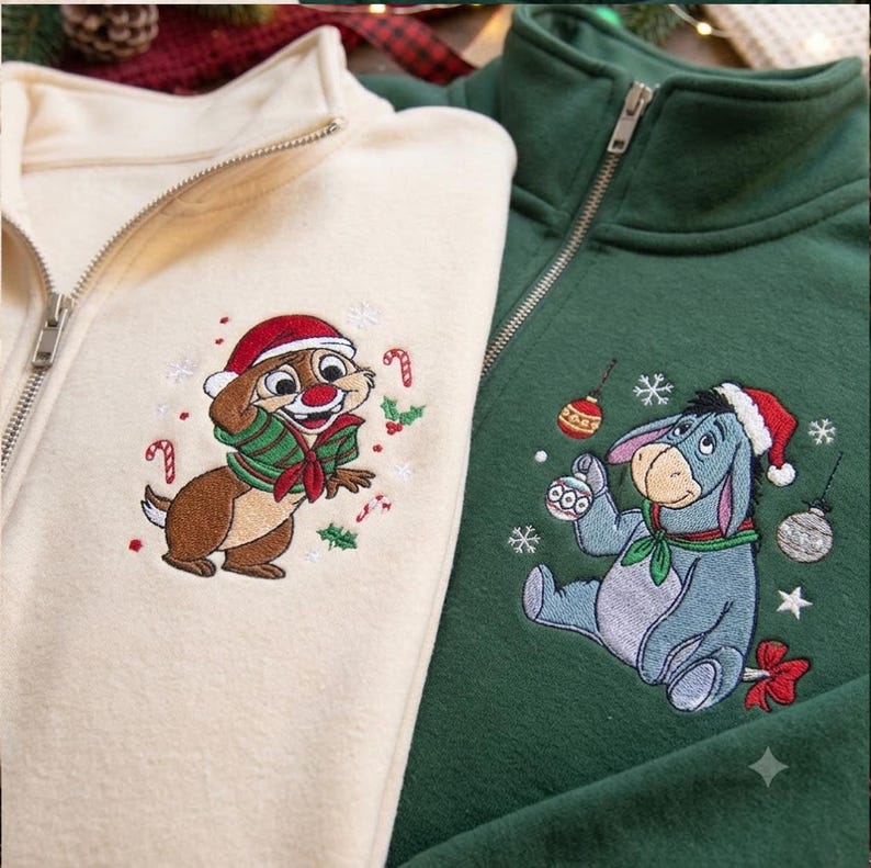 Disney Characters Christmas Embroidered Quarter Zip Sweatshirt, Winnie Pooh Eeyore Mickey Minnie Stitch Chip Dale Holiday Pullover Gift