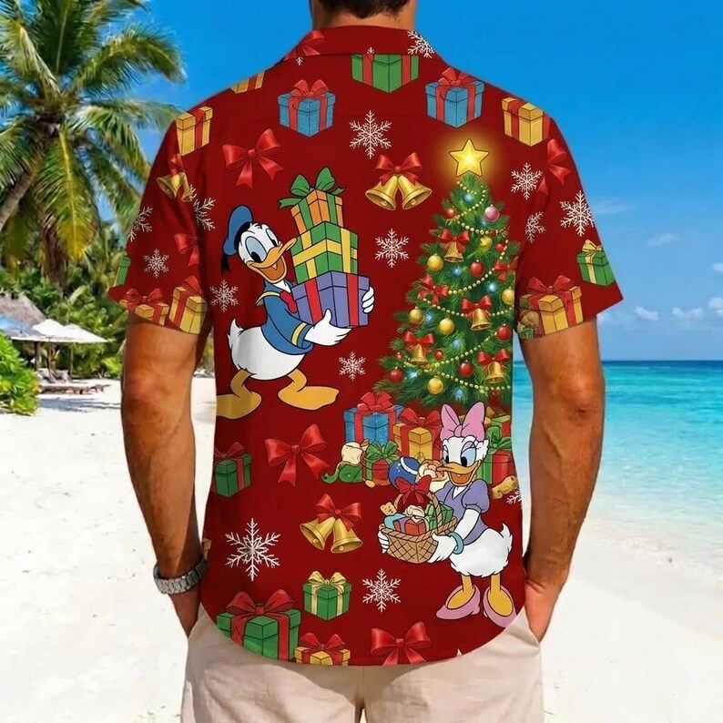 Donald Daisy Duck Christmas Hawaiian Shirt, Disney Red Xmas Tree Gift Button Up, Tropical Holiday Beach Vacation Shirt, Funny Duck Aloha Top