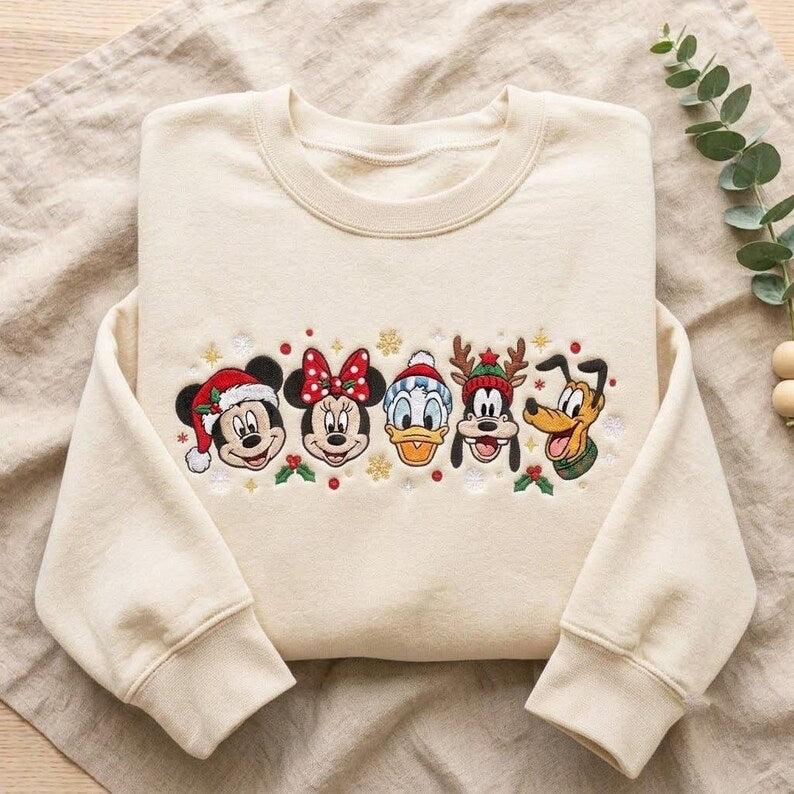 Mickey and Friends Christmas Embroidered Sweatshirt, Disney Holiday Crewneck, Minnie Donald Goofy Pluto Christmas Vacation Shirt