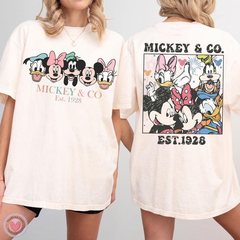 Disney Mickey and Co Est 1928 Mickey Mouse Minnie Donald Daisy Goofy Pluto Graphic Front and Back Disney Vacation Gift