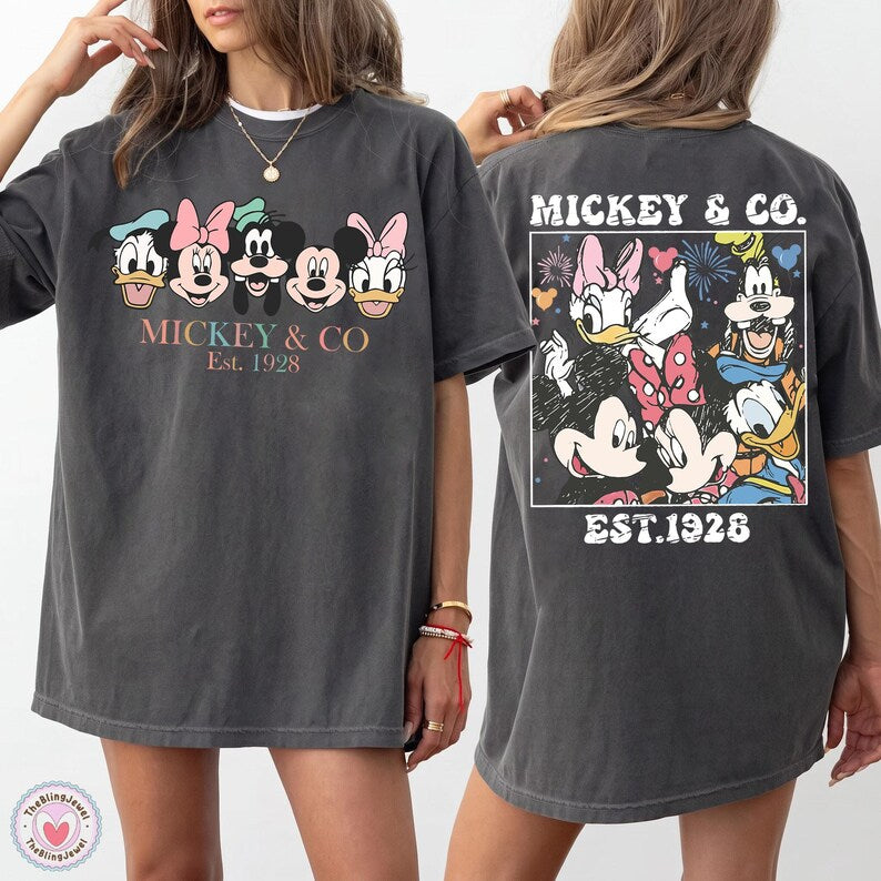 Disney Mickey and Co Est 1928 Mickey Mouse Minnie Donald Daisy Goofy Pluto Graphic Front and Back Disney Vacation Gift