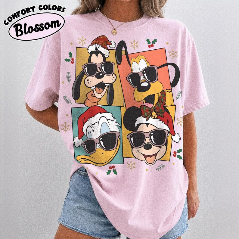 Retro Mickey and Friends Holiday Sweatshirt, Mickey Donald Pluto Goofy Sunglasses Comfort Colors Shirt, Disney  Family Christmas Shirt
