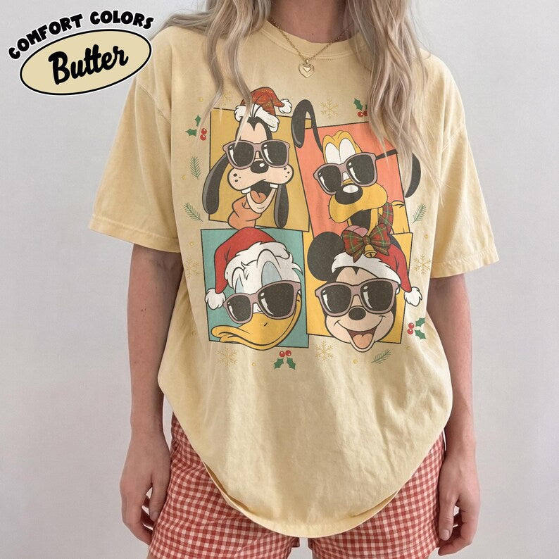 Retro Mickey and Friends Holiday Sweatshirt, Mickey Donald Pluto Goofy Sunglasses Comfort Colors Shirt, Disney  Family Christmas Shirt