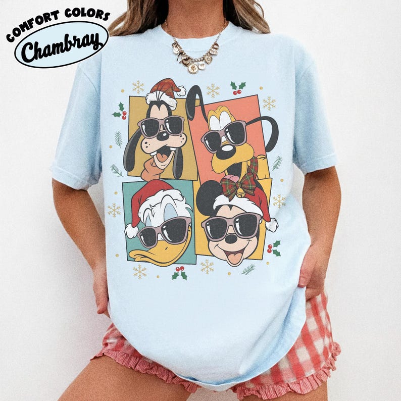 Retro Mickey and Friends Holiday Sweatshirt, Mickey Donald Pluto Goofy Sunglasses Comfort Colors Shirt, Disney  Family Christmas Shirt