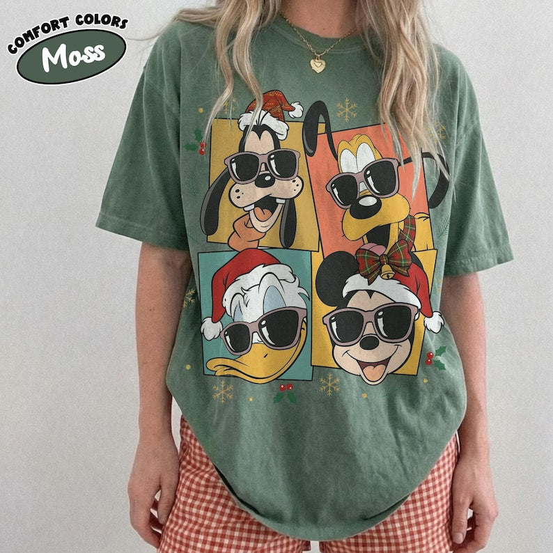 Retro Mickey and Friends Holiday Sweatshirt, Mickey Donald Pluto Goofy Sunglasses Comfort Colors Shirt, Disney  Family Christmas Shirt
