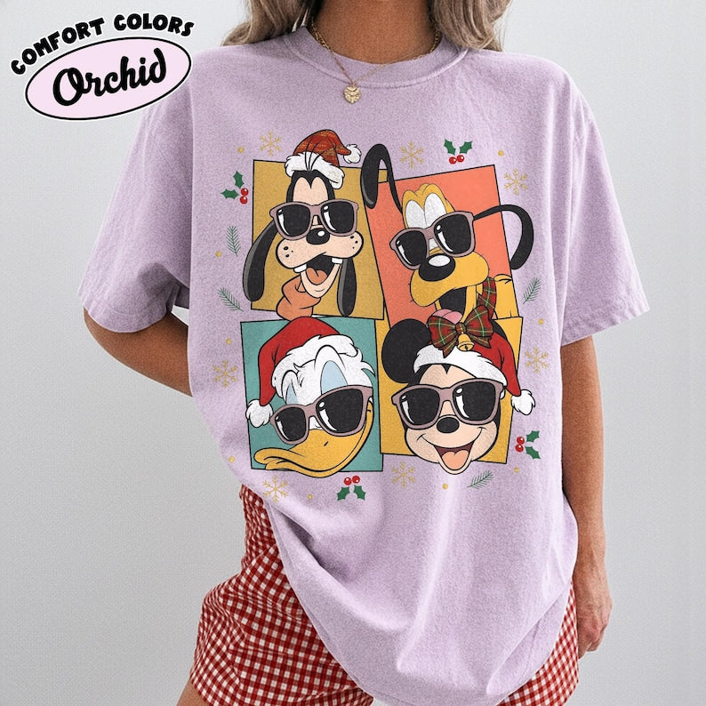 Retro Mickey and Friends Holiday Sweatshirt, Mickey Donald Pluto Goofy Sunglasses Comfort Colors Shirt, Disney  Family Christmas Shirt