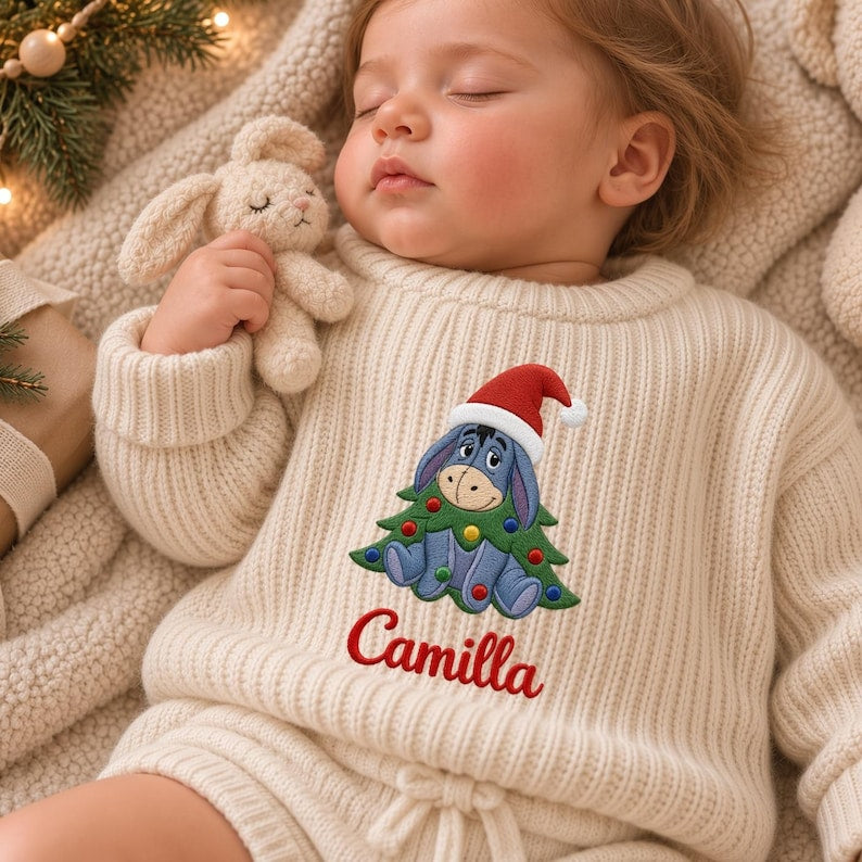 Custom Eeyore Christmas Embroidered Baby Sweater, Disney Winnie the Pooh Character Knit Jumper, Festive Holiday Pullover, Christmas Gift