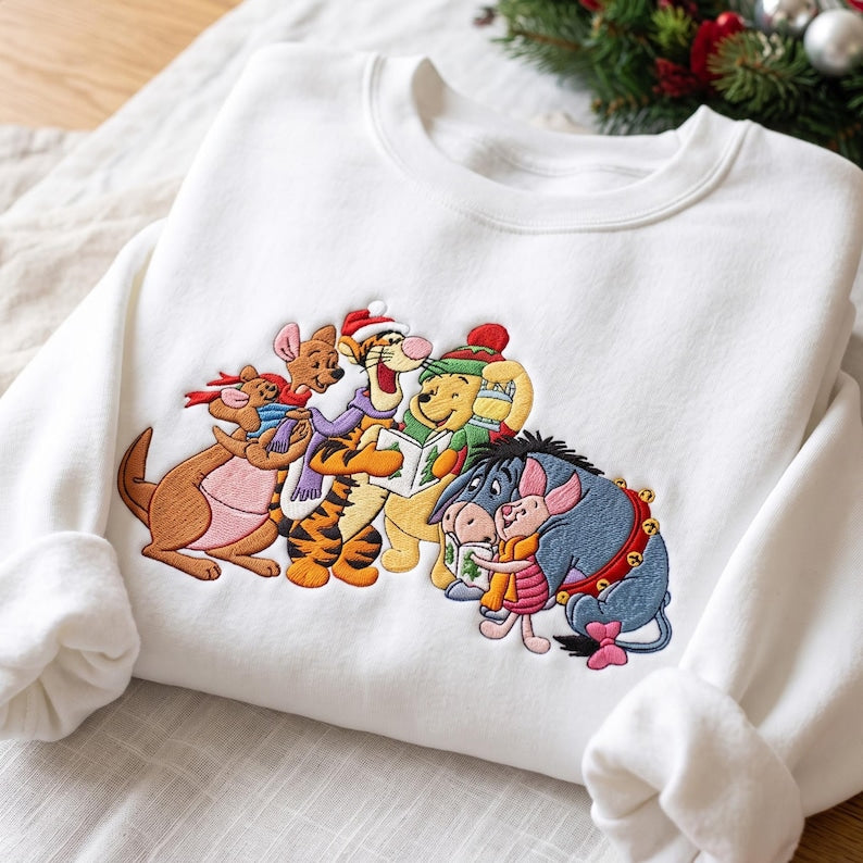 Embroidered Bear And Friends Caroler Sweatshirt, Magical Winter Kingdom Sweater, Holiday Song Crewneck, Bear Fan Gift, Xmas Season Shirt