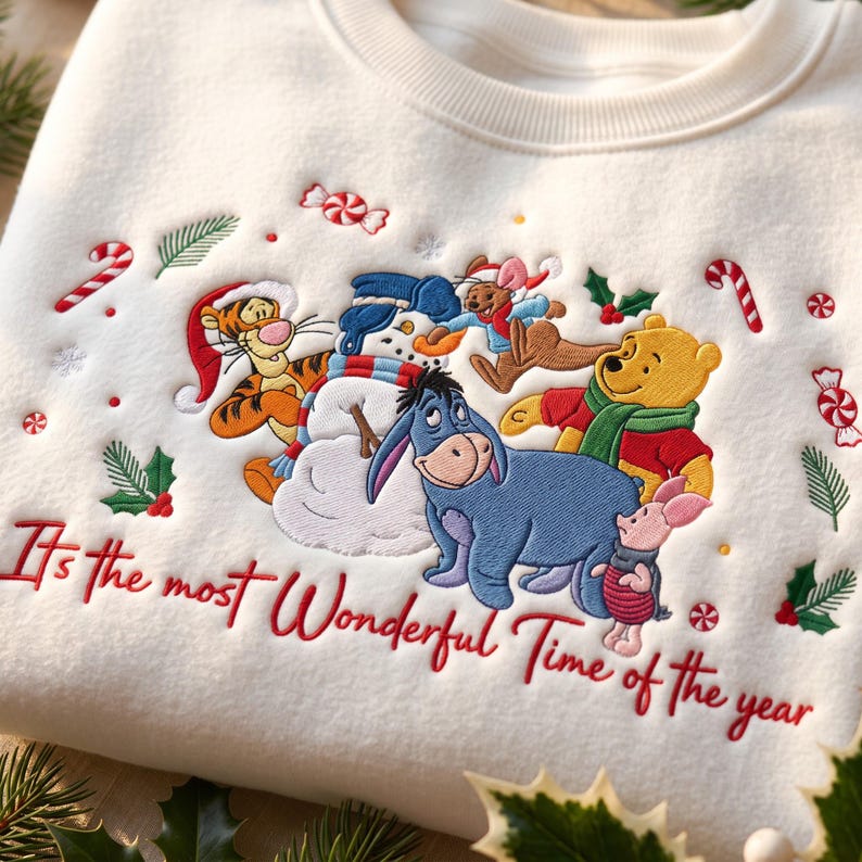 Embroidered Bear And Friends Xmas Sweatshirt, Wonderful Time Holiday Sweater, Snowman Winter Crewneck, Bear Fan Gift, Xmas Season Shirt