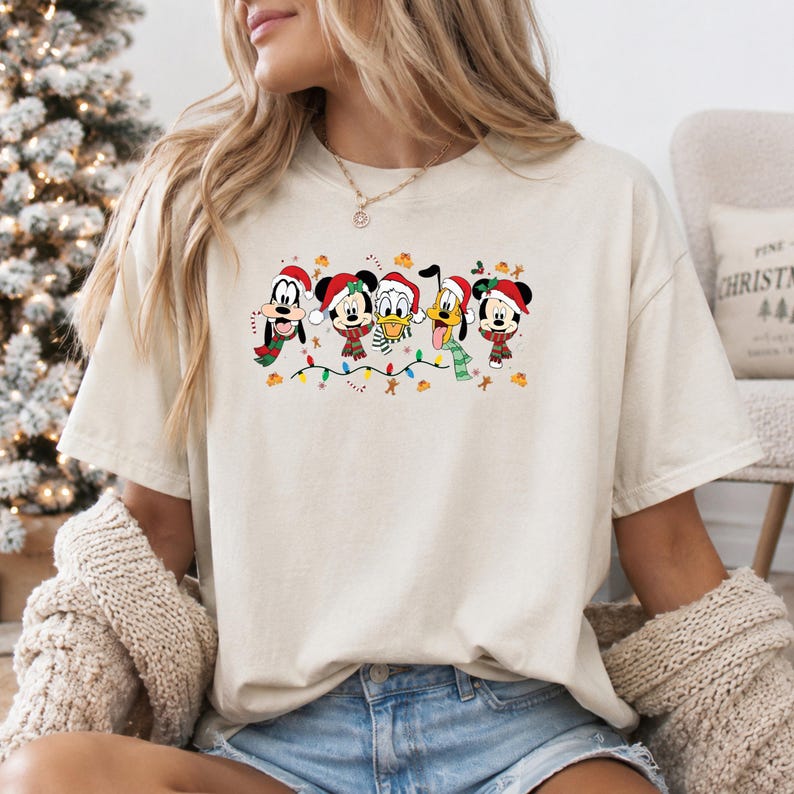 Mickey and Friends Christmas T-Shirt, Sweatshirt or Hoodie, Minnie Donald Goofy Pluto, Santa Hats and Festive Lights, Christmas Gift