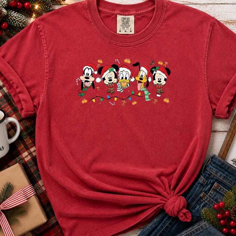 Mickey and Friends Christmas T-Shirt, Sweatshirt or Hoodie, Minnie Donald Goofy Pluto, Santa Hats and Festive Lights, Christmas Gift