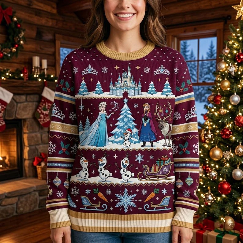 Disney Frozen Christmas Sweater, Elsa Anna Ice Magic Holiday Ugly Xmas Knit Jumper, Sven Olaf Sleigh Winter Fair Isle Pullover