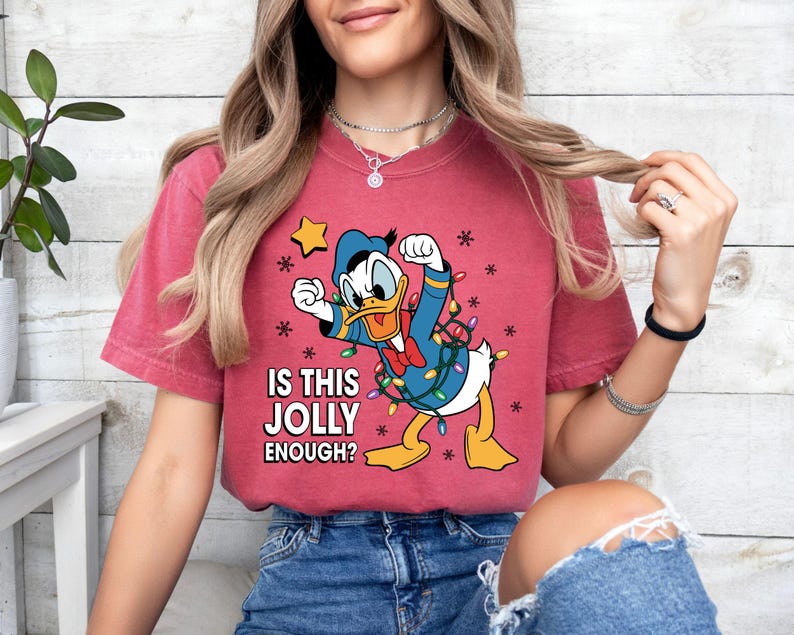 Comfort Colors Donald Duck Christmas Shirt, Is This Jolly Enough Tee, Disneyland Xmas Lights Long Sleeve, Disney Family Holiday Gift