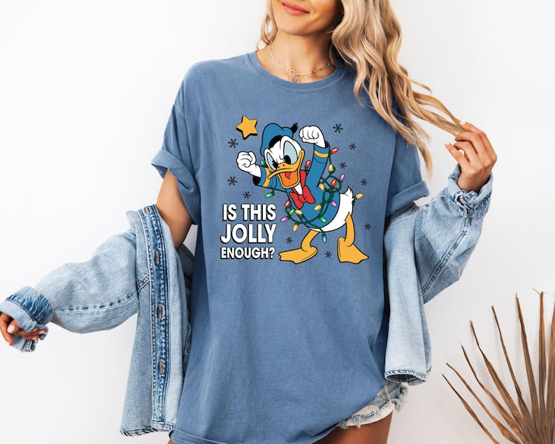 Comfort Colors Donald Duck Christmas Shirt, Is This Jolly Enough Tee, Disneyland Xmas Lights Long Sleeve, Disney Family Holiday Gift