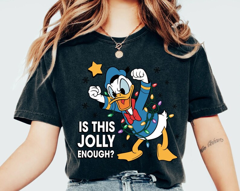 Comfort Colors Donald Duck Christmas Shirt, Is This Jolly Enough Tee, Disneyland Xmas Lights Long Sleeve, Disney Family Holiday Gift